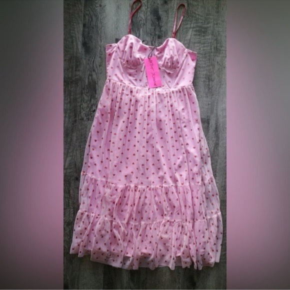 NWT Betsey Johnson Pink Glitter Heart Print Tulle Dress - Size 12 - Picture 8 of 14
